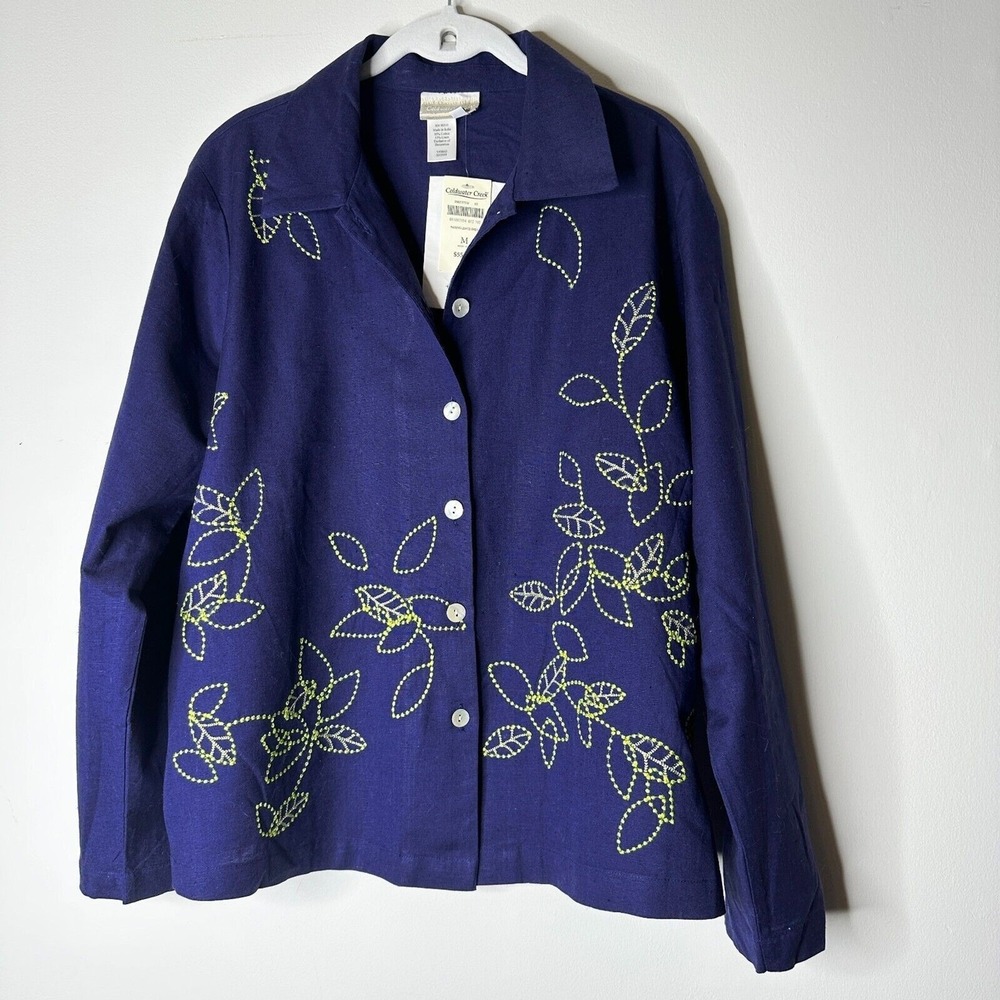 Coldwater Creek Top Women M Blue Linen Cotton Embroidered Jacket Whimsical NWT